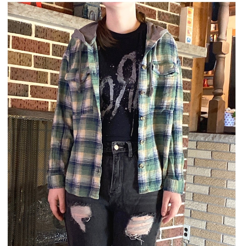 SO Plaid Hooded Flannel Shirt Relaxed Green Size Small Grunge Gorpcore Cabin
